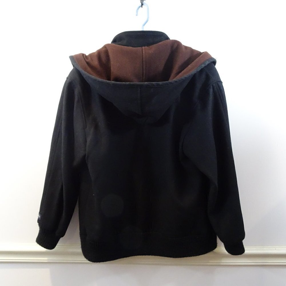 90's HERMAN KAY Bib-Jacket Wool-Blend Coat Winter Hood Size 8P Black Brown - Picture 6 of 8